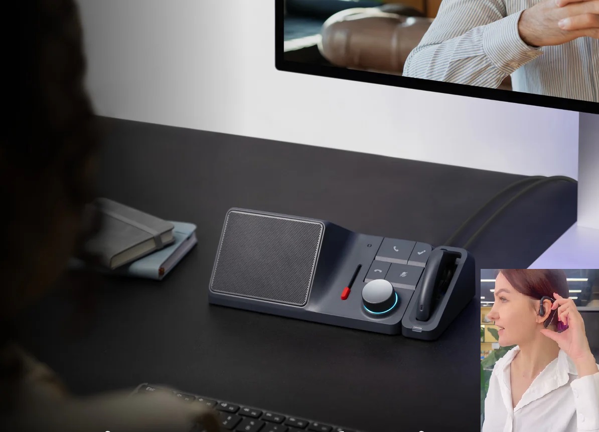 HiDock H1E desk meeting recorder and docking station with included E1 wireless earpiece