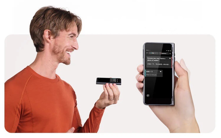 Person holding and using the Timekettle NEW T1 handheld translator